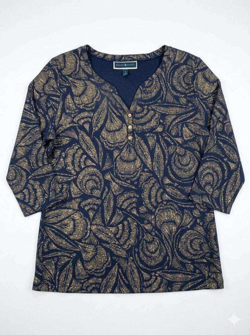 🔹️NWT Karen Scott Blue & Metallic Gold Foil Design 3/4 Sleeve Top Medium